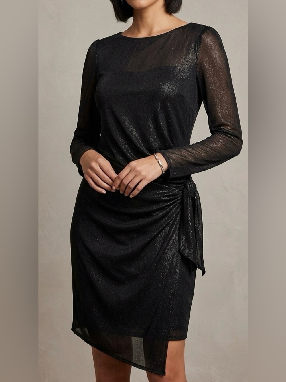 Tommy Hilfiger Black Metallic Shimmer Sheath Dress 12 Ruched Draped Cocktail